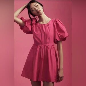 Anthropologie Puff Sleeve Bubble Romper Shorts Barbie Hot Pink Cotton Open Back